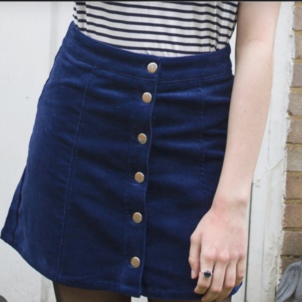 H&M divided blue button front corduroy mini Aline skirt navy 4 retro ska 60’s